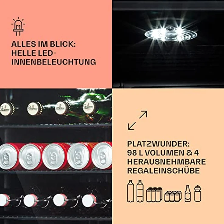 Klarstein Mini Kühlschrank mit Glastür, Getränkekühlschrank 98 Liter, Leise und Platzsparend, Gebürsteter Edelstahl – Bild 4