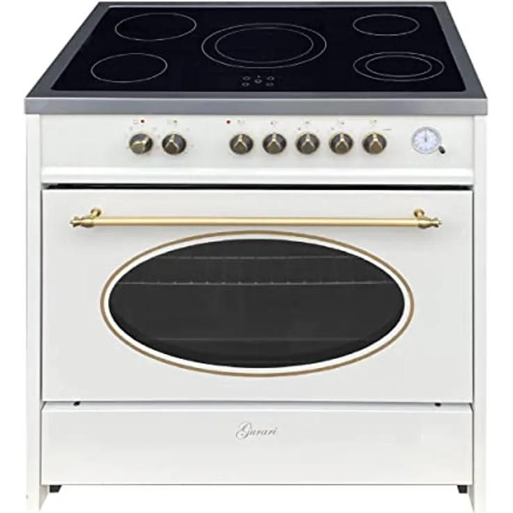 Gurari Elektro Standherd GCH E 912 CR Retro Standherd 90 cm Creme | Glaskeramik Herd Range Coocker 121 L | 8 Funktionen | Heißluft | Grill | Elektro Herd 5 Hi-Light Zonen Kochfeld | Teleskopauszug