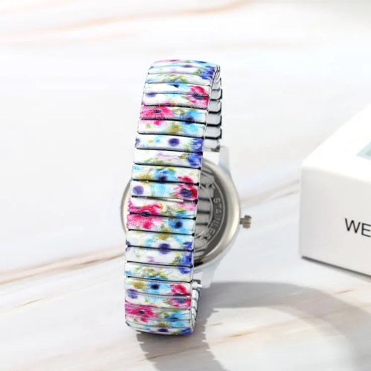 JewelryWe Boho Elastische Damenuhr, Analog Quarz mit Tintenblumen Druck, Edelstahl Stretch-Armband, Große Zahlen, 18-22 cm verstellbare Größe – Bild 3