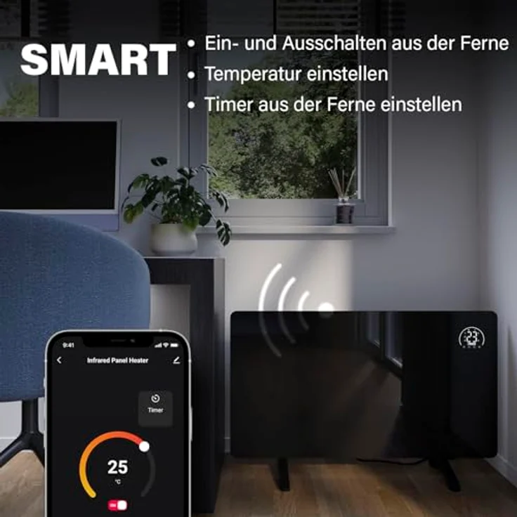 Princess Infrarot-Heizung Connected - Flacher Wandheizkörper 480W - Einstellbarer Thermostat bis 50°C - 24-Stunden-Timer - Wochenprogrammierung - Schwarz – Bild 5