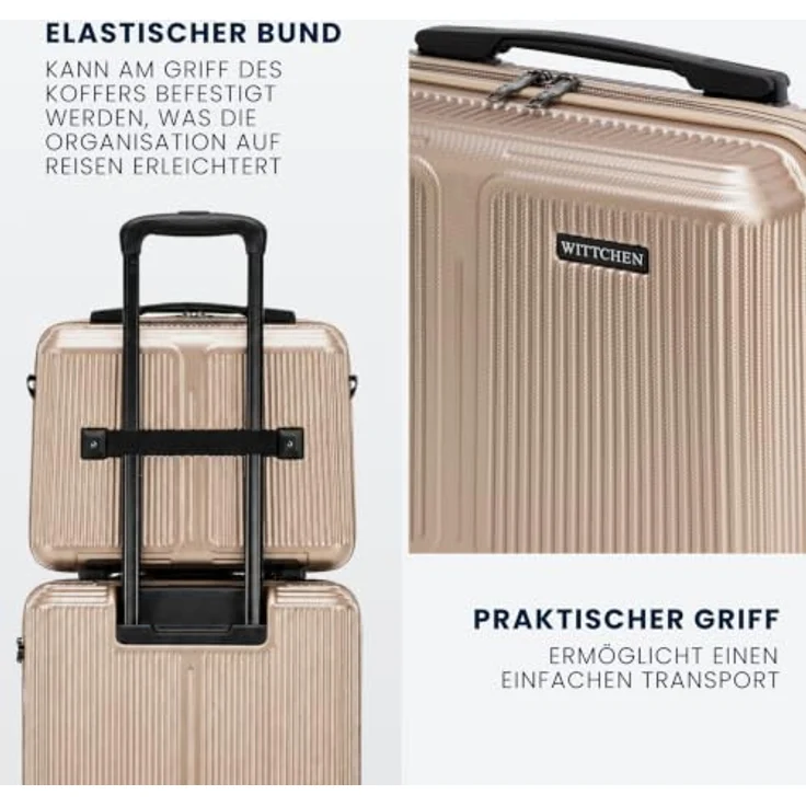 WITTCHEN Stripes Line Kofferset, Hartschalenkoffer ABS mit Kosmetiktasche, 4 Doppelrollen, Teleskopgriff, Zahlenschloss, Gold, Set S + M + L + XL – Bild 5