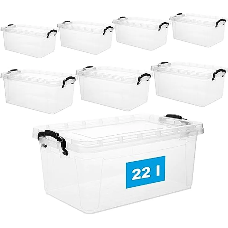 2friends Aufbewahrungsbox mit Deckel und Griff, 22 Liter, 8 Stück – Stapelbare transparente Kunststoffbox aus lebensmittelechtem, BPA-freiem Material, Made in EU - Ideal für Küche & Haushalt, platzsparend