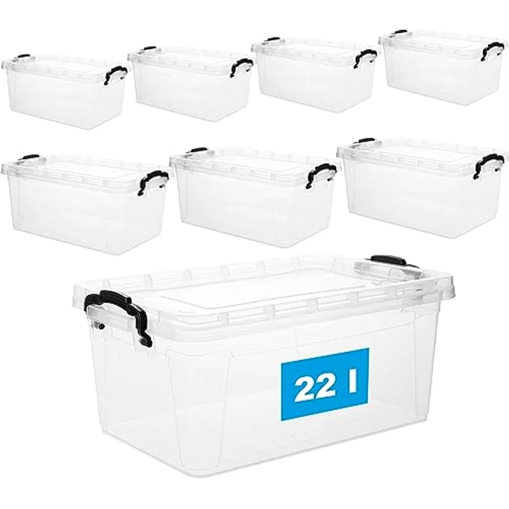 2friends Aufbewahrungsbox mit Deckel und Griff, 22 Liter, 8 Stück – Stapelbare transparente Kunststoffbox aus lebensmittelechtem, BPA-freiem Material, Made in EU - Ideal für Küche & Haushalt, platzsparend – Bild 1