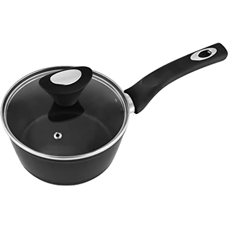 Venga! Kasserolle mit Deckel, 16 cm Durchmesser, 1,3 l Fassungsvermögen, Antihaftbeschichtung, spülmaschinenfest, Turbo-Induktionsboden, ergonomische Soft-Touch-Griffe, schwarz/silber, VG POT 3010