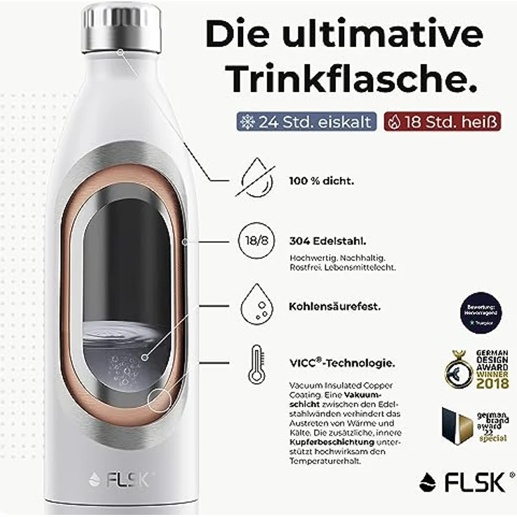 FLSK Das Original New Edition Edelstahl Trinkflasche – Kohlensäure geeignet 18 Stunden heiß, 24 Stunden kalt, 0,35l, weiß – Bild 3