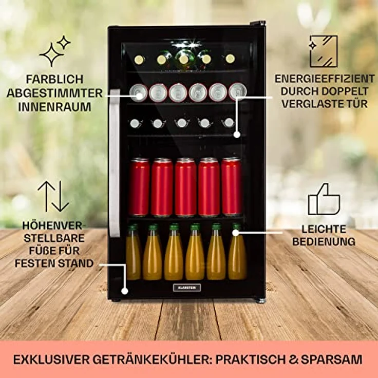 Klarstein Mini Kühlschrank mit Glastür, Getränkekühlschrank 98 Liter, Leise und Platzsparend, Gebürsteter Edelstahl – Bild 5