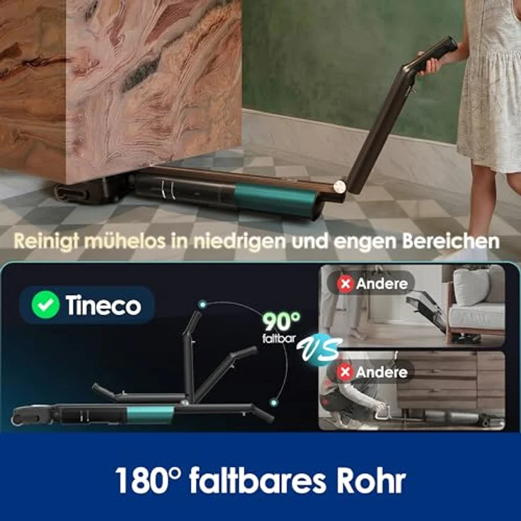 Tineco Floor One i7 Fold, Nass-Trockensauger mit 22000 Pa Saugkraft, Anti-Haar-Verwicklung, 180° Faltbares Rohr, SilentDry, 50 Min. Laufzeit, Leichtgerät für Tierhaare – Bild 3