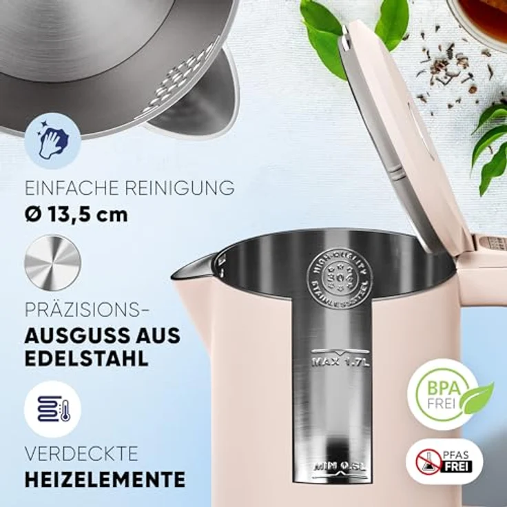 Stillstern Wasserkocher mit Temperatureinstellung [1,7L | 40-55-70-85-100°C], 12 Std. Warmhalten, Präzisionsausguss aus Edelstahl, Anti-Fingerprint, Schnelles Aufheizen [2200W], Leise, Stabiler Halt – Bild 5