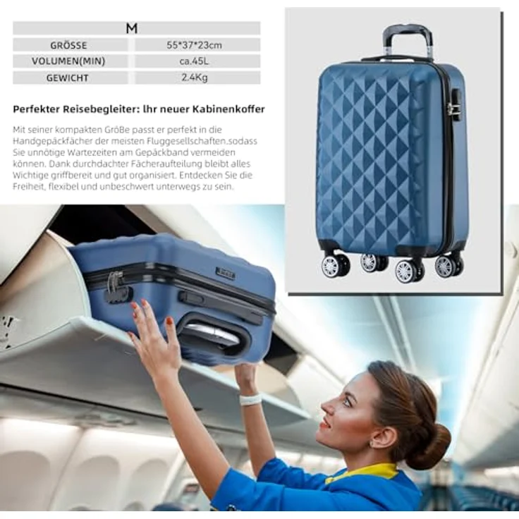 BEIBYE Kofferset 4 Zwillingsrollen Hartschale Trolley, Handgepäck M (55x34x22cm) mit Sicherheits-Zahlenschloss, in Blau – Bild 3