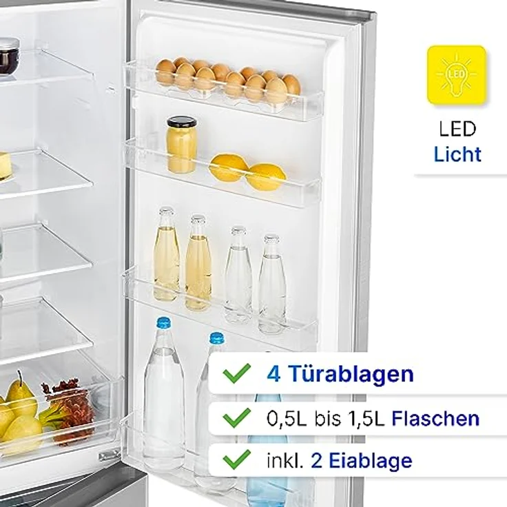 Bomann® Kühlschrank mit Gefrierfach 180cm hoch | Kühl Gefrierkombination 268L mit 4 Ablagen & 3 Schubladen | Türanschlag wechselbar | leise Kühlgefrierkombi mit 36db | Kühlschrank KG 7353 inox – Bild 3
