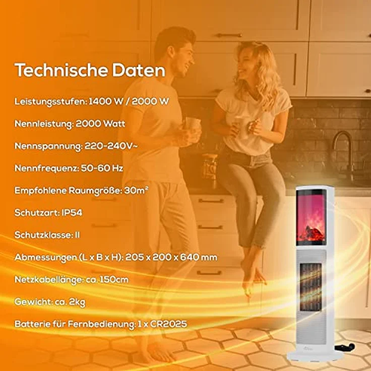 TroniTechnik® Infrarot Turm-Keramik-Heizer Elektro-Heizer 2000 Watt, Heizstrahler Standheizstrahler PTC Keramikheizelement mit Fernbedienung, Kamineffekt, Oszillation, Timer, Umkippschutz, bis 45°C – Bild 2