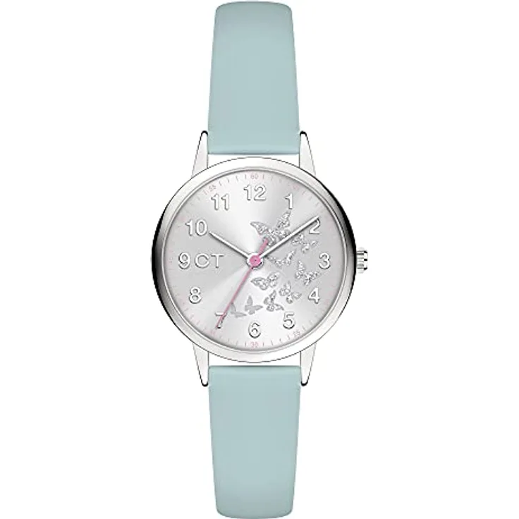 Cool Time Mädchen Kinder Armbanduhr mit glitzernden Schmetterlingen, poliertem Metallgehäuse und kunstlederband, blau