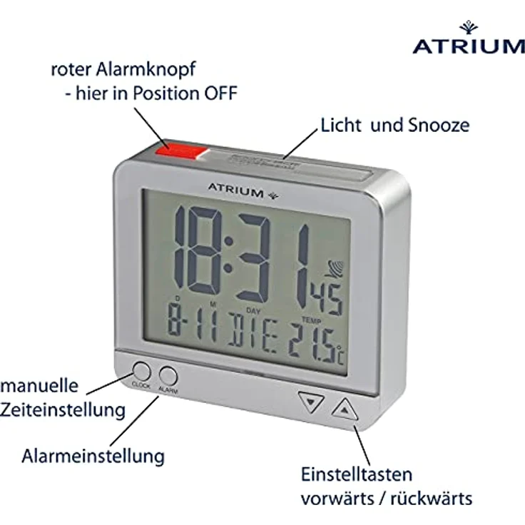 Atrium Funkwecker A760-19, Digitalwecker mit Innentemperaturanzeige, roter Beleuchtung und Schlummerfunktion – Bild 2
