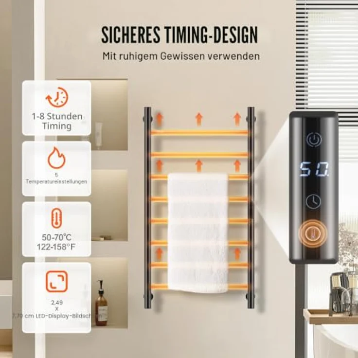 VEVOR Handtuchtrockner Heizkörper Handtuchwärmer, 8 Stangen, wasserdicht mit Timer und LED-Anzeige, 5 Temperaturstufen, Wandmontage, Schwarz – Bild 3