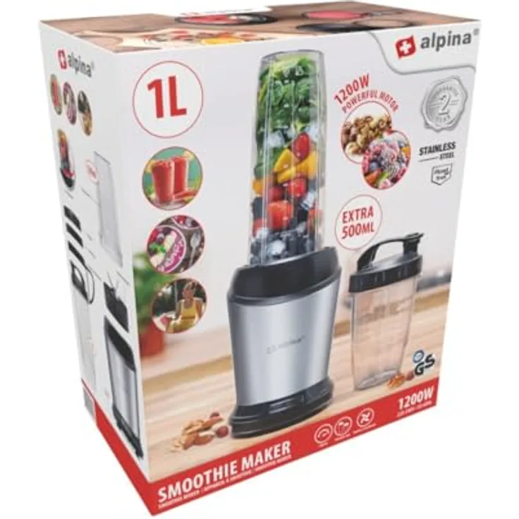 alpina Smoothie Maker 1200 W, Standmixer mit 1L Krug und 500 ML Mitnehmbecher, abnehmbare Edelstahlklingen, rutschfester Boden, Silber