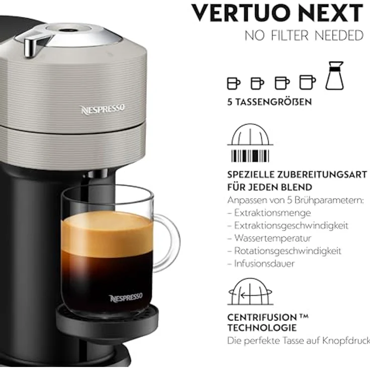 Krups XN910B Nespresso Vertuo Next Kaffeekapselmaschine, 1,7 Liter Wassertank, Kapselerkennung durch Barcode, 6 Tassengrößen, Power-Off Funktion, aus 54 % recyceltem Kunststoff, Light Grey – Bild 2