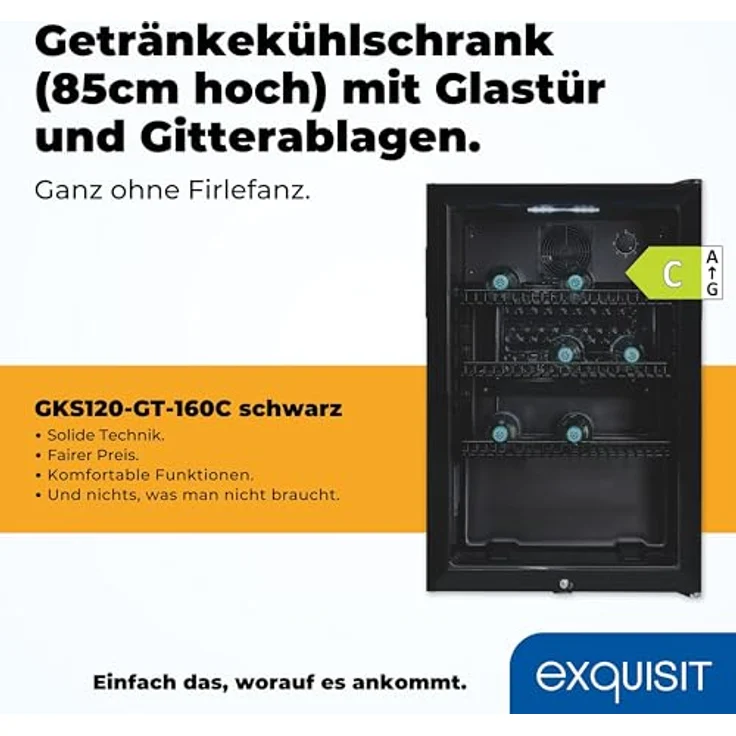 Exquisit Glastürkühlschrank GKS120-GT-160C schwarz | 118 L Nutzinhalt, Türschloss, 3 Gitterablagen, Umluftventilator, Standgerät - Preisvergleich – Bild 2