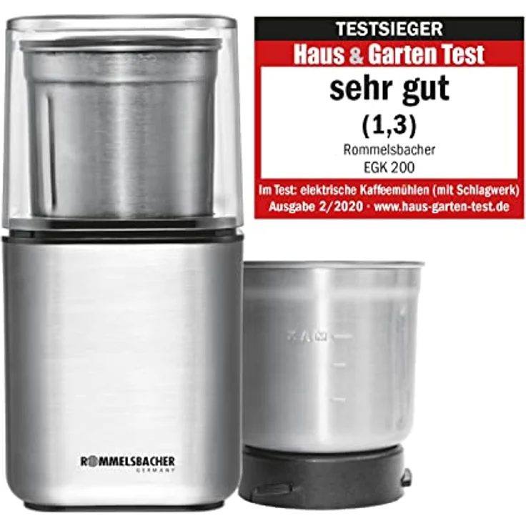 ROMMELSBACHER Gewürz und Kaffee Mühle EGK 200 - 2 Edelstahlbehälter mit Schlagmesser & Spezialmesser, Füllmenge 70 g, Mahlgrad über Mahldauer wählbar, auch für Pesto, Gewürze, Nüsse, Zucker, 200 Watt – Bild 2