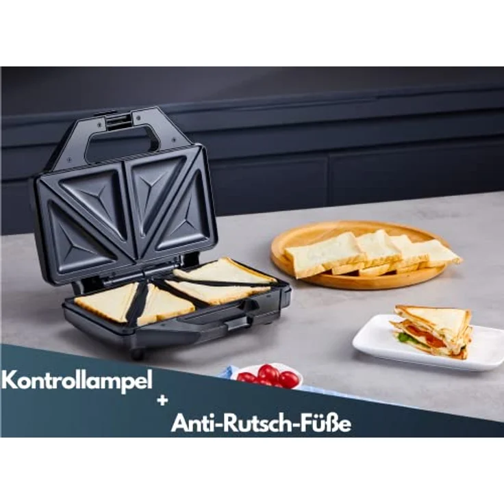 Steinborg SB-2110 Sandwich-Maker, 1200 Watt, für 2 Sandwiches, Thermostat, Backampel, antihaftbeschichtet, Cool-Touch-Gehäuse, schwarz, silber – Bild 3