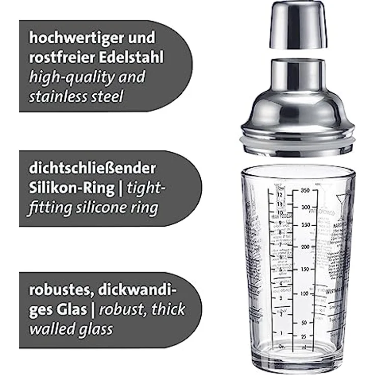 Westmark Cocktail Shaker Sam – Shaker mit Skala und Sieb, professioneller Cocktail-Mixer, Bar Zubehör, inkl. Rezepte zum Mixen von Margarita und mehr – Edelstahl, Glas, 400 ml – Bild 3