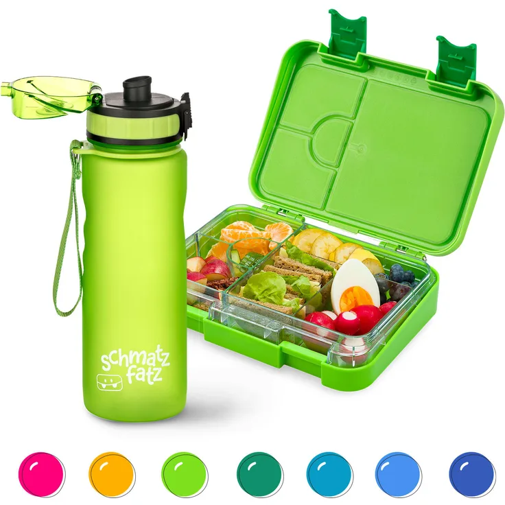 Klarstein schmatzfatz Frühstücksset, Lunchbox & Trinkflasche Tritan, BPA-frei, auslaufsicher, 4-6 Fächer, farblich passend