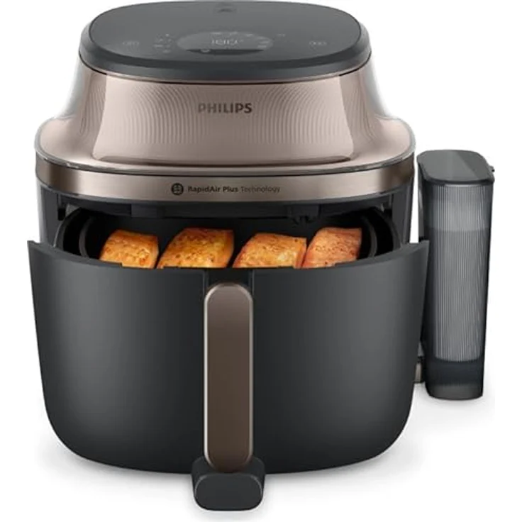 Philips Heißluftfritteuse NA547/07 Steam Airfryer 5000 Series, 7,2L, 2000 W, mit Dampfgarfunktion und RapidAir Plus Technologie, Schwarz/Gold – Bild 4