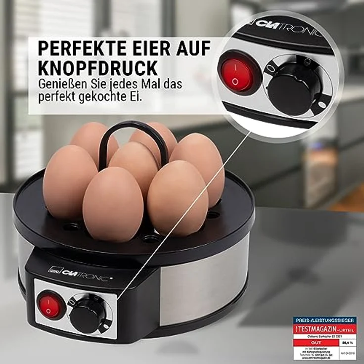 Clatronic EK 3321 Eierkocher mit Härtegradeinstellung (7 Eier), akustisches Endsignal, Messbecher mit Eipicker, 400 Watt, Inox – Bild 3