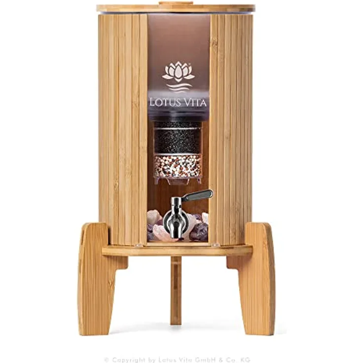 Lotus Vita Glas-Wasserspender mit Filter NATURA PLUS 4 Liter - Bambus und Edelstahl - 4 Stufen Filter