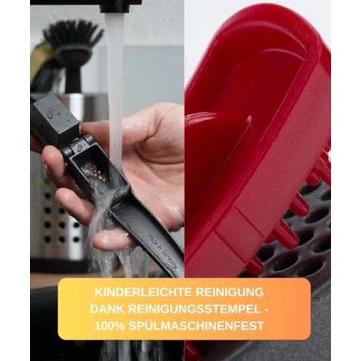 Thiru Knoblauchpresse (Basic - feines Knoblauchhack) - inkl. Reinigungsstempel - Kein Schälen notwendig - Ideal für Ingwer, Knoblauch, Zwiebeln & Kapern - inkl. E-Book 25 Rezepten - Made in Germany – Bild 4