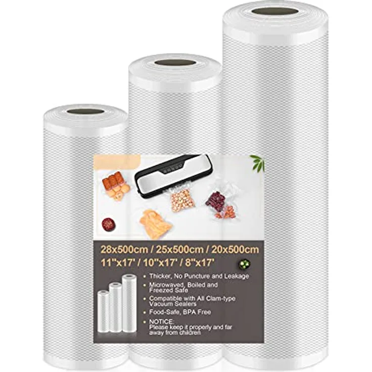Vpcok Direct Vakuumierbeutel 3 Rollen 20/25/28x500cm, BPA-freie Vakuumfolie mit 150µm Stärke, wiederverwendbar und reißfest für Lebensmittel und Sous Vide