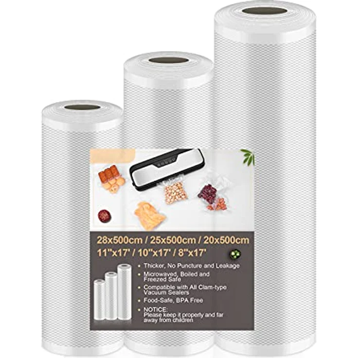 Vpcok Direct Vakuumierbeutel 3 Rollen 20/25/28x500cm, BPA-freie Vakuumfolie mit 150µm Stärke, wiederverwendbar und reißfest für Lebensmittel und Sous Vide – Bild 1