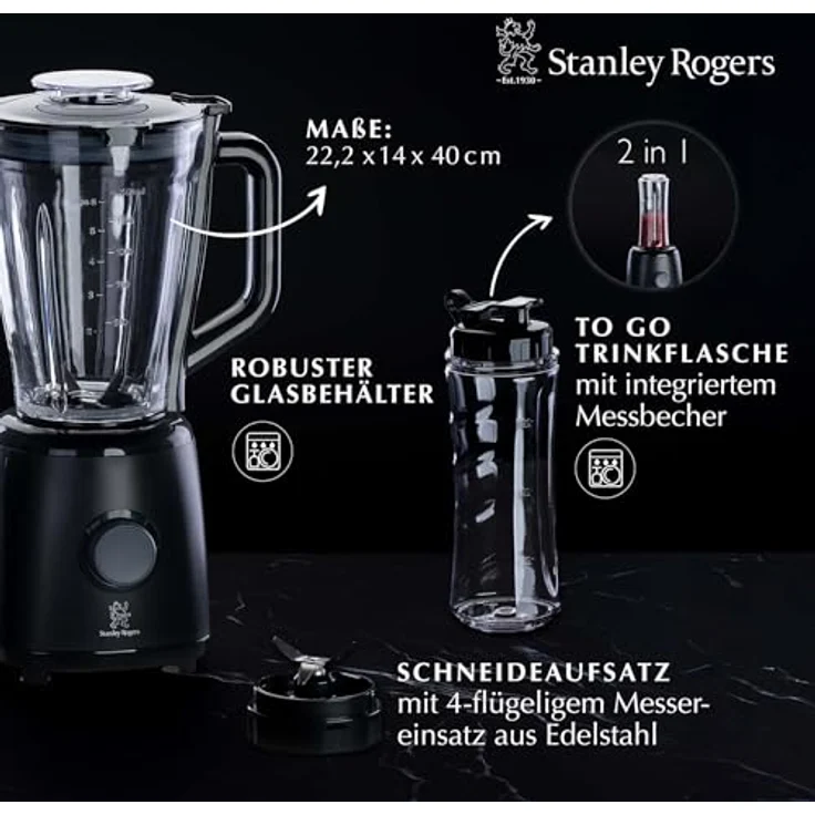 Stanley Rogers Standmixer und Smoothie Maker, 600W mit 1,5L Glasbehälter und 550ml To Go Trinkflasche, ideal für Smoothies und Crushed Ice – Bild 3