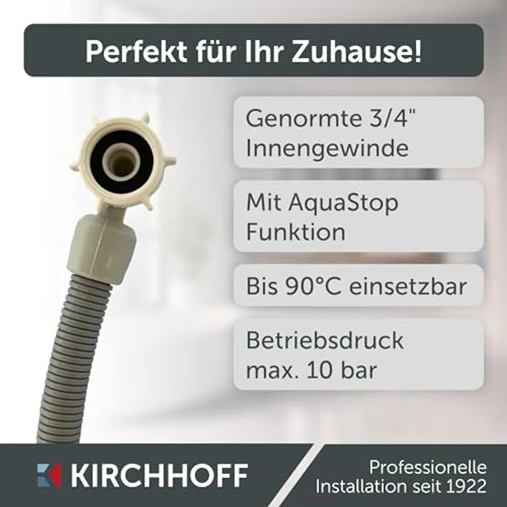 Kirchhoff Sicherheits-Zulaufschlauch 24,2 mm (3/4 Zoll IG) x 2 m, flexibler und langlebiger Waschmaschinen-Zubehörschlauch mit Wasserschutzsystem – Bild 2