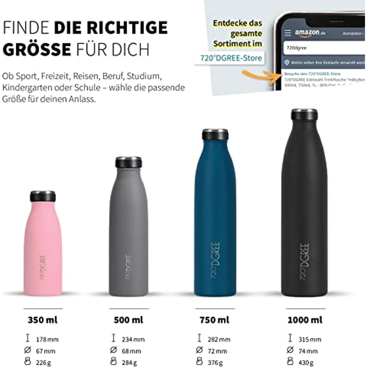 720°DGREE Edelstahl Trinkflasche “milkyBottle”, 500ml, BPA-frei, auslaufsicher, für kohlensäurehaltige Getränke, ideal für Kinder, Schule und Sport – Bild 3