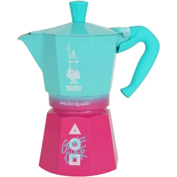 Bialetti Moka Express 6tz Squidgames, Espressokocher in Pink, Grün und Weiß mit geometrischen Details und "Game Over" Aufschrift – Bild 4