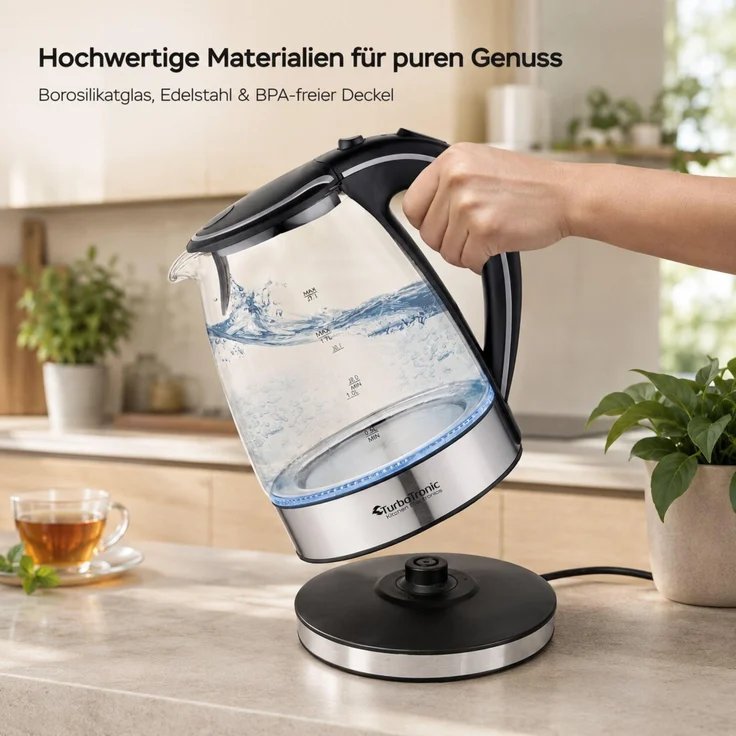 TurboTronic TT-LED01 Wasserkocher, 2200 W Glas mit 1,7 l Fassungsvermögen und blauer LED-Innenbeleuchtung, BPA-frei