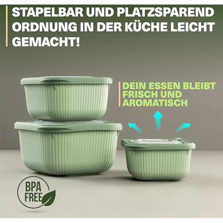 VIWARES Frischhaltedosen 3er Set mit transparentem Ventildeckel, stapelbar, BPA-frei, mikrowellen- und kühlschrankgeeignet, 3 Größen (600ml/1100ml/1800ml) – Bild 4