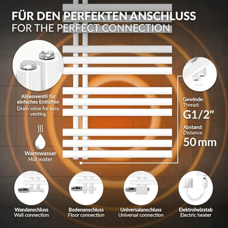 LuxeBath Elektrischer Badheizkörper Iron EM 600x1600 mm Weiß, 900W Heizstab mit Thermostat und Digitalanzeige, Handtuchheizkörper und Elektro Handtuchwärmer – Bild 5