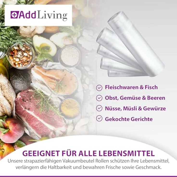 AddLiving Vakuumierbeutel Rollen Set, 5 Stück (3x 22x300 cm, 2x 28x300 cm) | Reißfeste, zuschneidbare Folien für Sous-vide und Gefrieren, MAXIMALE FRISCHE & LANGLEBIGKEIT – Bild 3