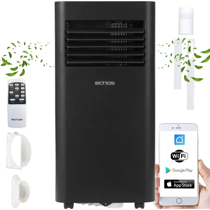 Echos Mobile Klimaanlage EC-9000, Klimagerät mit WiFi, 9.000 BTU, Weiß, für Räume bis 35 m², Luftentfeuchtung bis 24 l/Tag, Fernbedienung, 24-Stunden-Timer