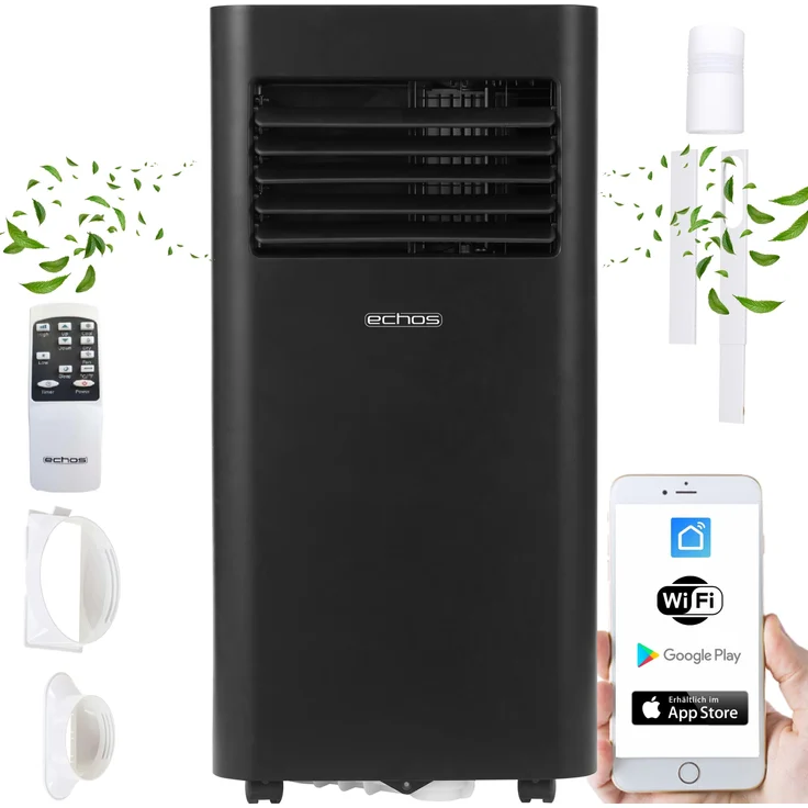 Echos Mobile Klimaanlage EC-9000, Klimagerät mit WiFi, 9.000 BTU, Weiß, für Räume bis 35 m², Luftentfeuchtung bis 24 l/Tag, Fernbedienung, 24-Stunden-Timer
