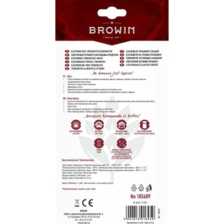 Browin 185609 Lebensmittel-Thermometer mit Sonde aus rostfreiem, Thermometer für Fleisch, ​Stahl - 1,5 m, von 0 bis 250°C, Timer, Alarm, elektronische Anzeige, Thermometer für Fleisch – Bild 5