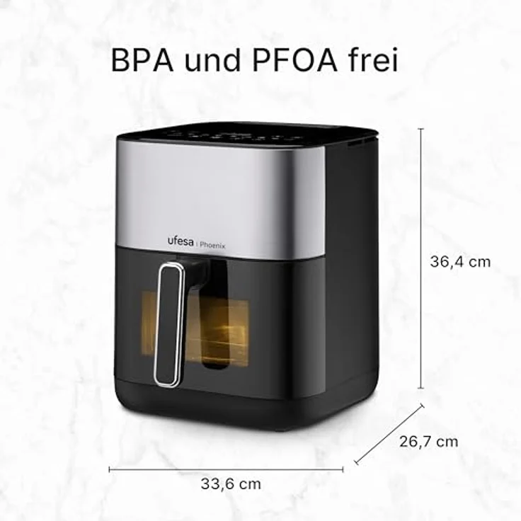 UFESA Phoenix, Heißluftfritteuse mit Dampffunktion, 6 L, 1800 W, 10 Programme, Fenster und Innenlicht, inkl. Rezeptbuch – Bild 3