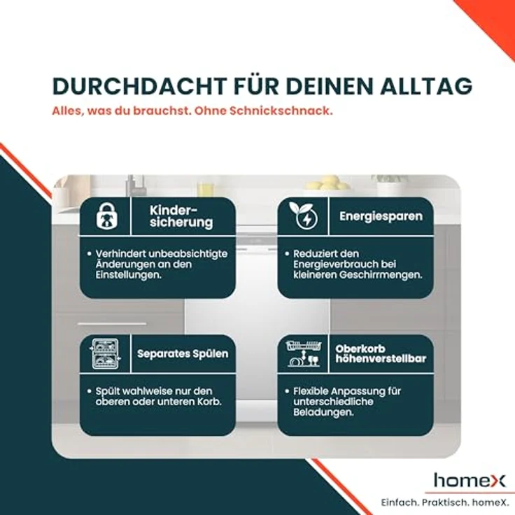 homeX DWFS601442A-S Geschirrspüler 60 cm, freistehend, 14 Maßgedecke, 9 Programme, AquaStop, unterbaufähig, 42 dB – Bild 10