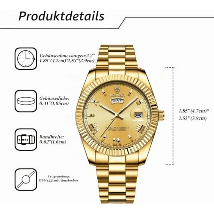 JewelryWe Herrenuhr Edelstahl Analog Quarz, 30m wasserdicht, mit Leuchtzeigern und Gold römischen Ziffern, goldfarbenes Edelstahlarmband – Bild 4