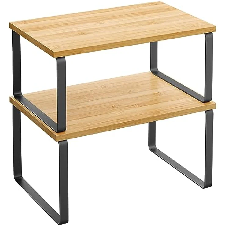 SONGMICS Gewürzregal, 2er Set Küchen-Organizer, Küchenregal, Schrank-Organizer Küche, erweiterbar, kleines Regal, stapelbar, Metall und Holzwerkstoff, tintenschwarz-naturbeige KCS02NB – Bild 1