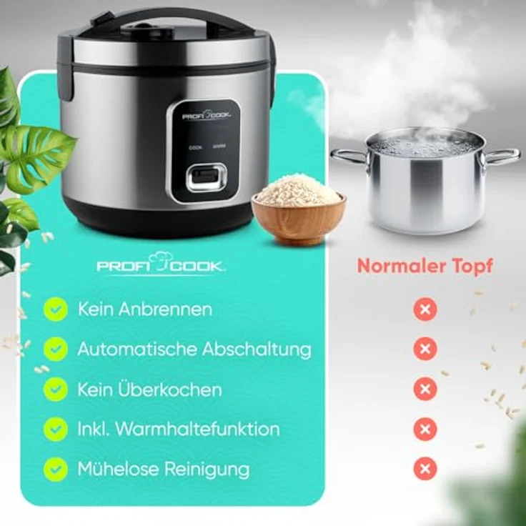 ProfiCook Reiskocher PC-RK 1285, 2-in-1 Reiskocher und Dampfgarer für bis zu 3 kg Reis, Edelstahlgehäuse, antihaftbeschichtet, mit Warmhaltefunktion – Bild 3