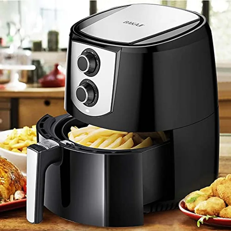 BAKAJI Heißluftfritteuse ohne Öl Airfryer 4,4 l Fritteuse kocht auf natürliche und gesunde Weise Leistung 1400 W mit Timer 30 min und Einstellung der Temperatur bis 200 D02477 Schwarz