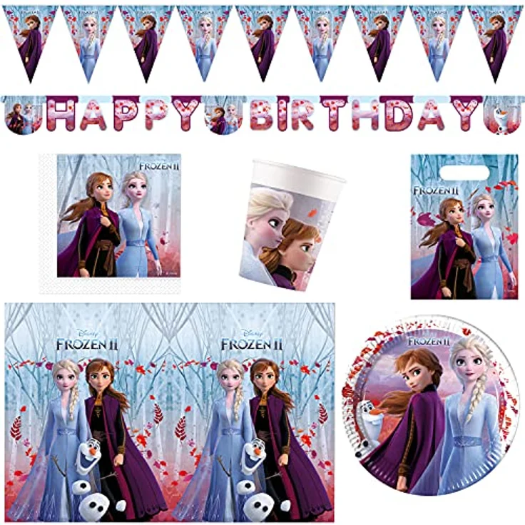 Procos 10210595 - Partyset XXL Disney Frozen 2, 45-teiliges Set, 8 Teller, 8 Becher, 20 Servietten, 1 Tischdecke, 6 Partytüten, 1 Wimpelkette, 1 Banner, Einweggeschirr, Partygeschirr, Tischdekoration – Bild 1