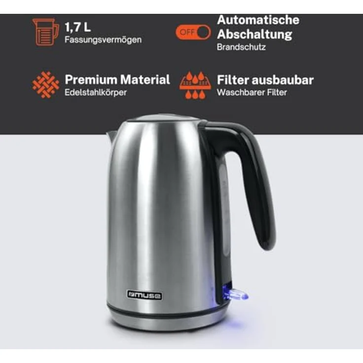 Muse Edelstahl Wasserkocher 1.7L, BPA-frei, 2200W, isolierter Griff, beleuchteter Schalter, herausnehmbarer, waschbarer Filter – Bild 3